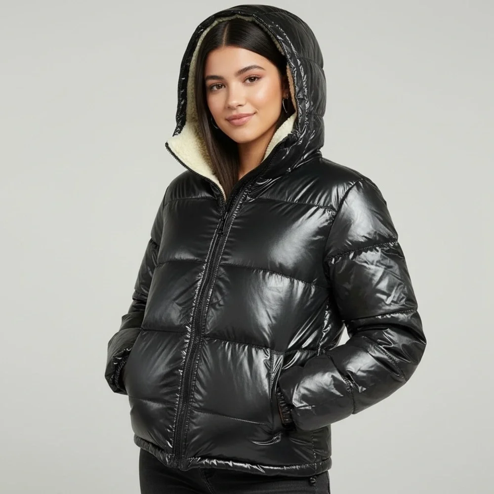 🌻NEW w/tag Levi’s Black Shiny Molly Sherpa Lined Puffer Jacket Women's Size XL